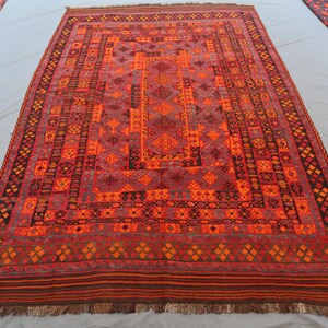 13.6x8.8 Ft Afghan Vintage Rug/ Oriental Ghalmori Kilim Rug/ Geometric Area Handmade Red Rug/ Flatweave Kilim Rug/ Living Room-Bedroom Rug
