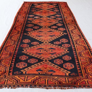 Geometric Vintage Afghan Hand-Wove Turkmen Area Rug, 3.10x8.6 ft, Wool Area Rug, Tribal Shirazi Rug, Living Room Rug, Nomadic Genuine Rug