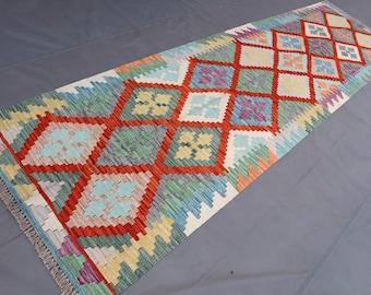 Handmade Afghan Kilim Runner Rug, Geometric Flatweave, 9.6x2.9 Ft