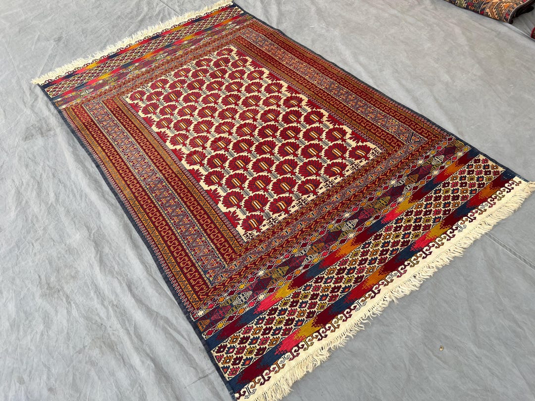 1970s Afghan Sumak Kilim Rug – Handwoven Geometric Wool Carpet, 6x4 Ft ...