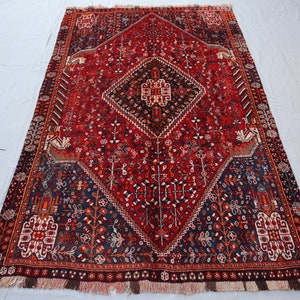 4.10x7.6 ft, Geometric Vintage Rug, Hand-Woven Turkmen Area Rug, Wool Area Rug, Tribal Shirazi Rug, Living Room Rug, Afghan Nomadic Rug