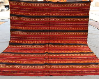 6 x 5'8 Ft Vintage Afghan Kilim Rug, Handmade Wool Flatweave Carpet, Red & Black Tribal Geometric Area Rug, Boho Home Decor Piece