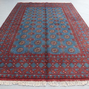 Bukhara Sky Blue Rug 7.11x5.4 Ft Afghan Vintage Rug, Hand Knotted Wool Rug, Oriental Turkmen Geometric Area Mouri Gul Rug, Bedroom Carpet