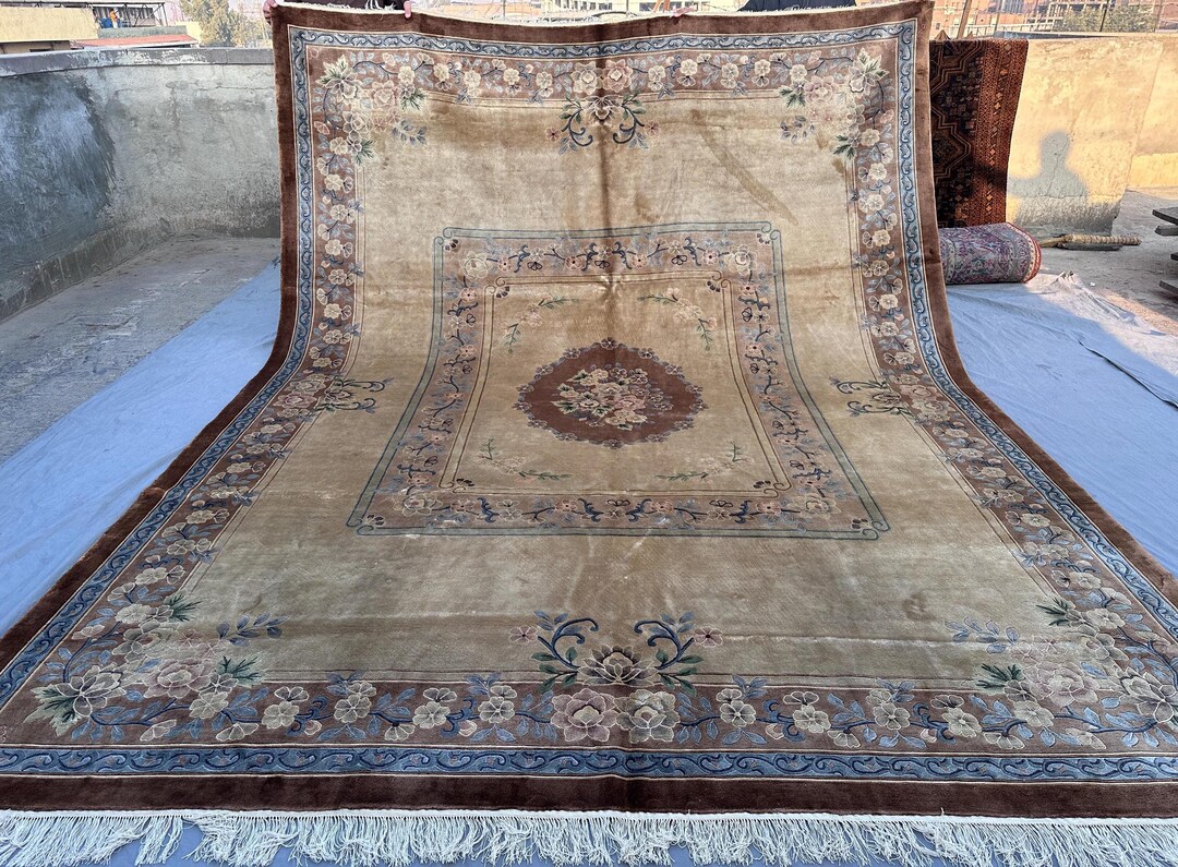 Large Hand-knotted Afghan Rug | 12x9 Beige Floral Wool Carpet - Etsy
