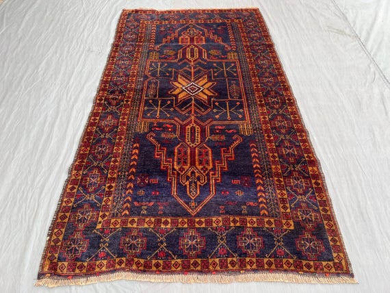 Vintage Afghan Baluchi Wool Rug, Rust Geometric Tribal Carpet (7.3
