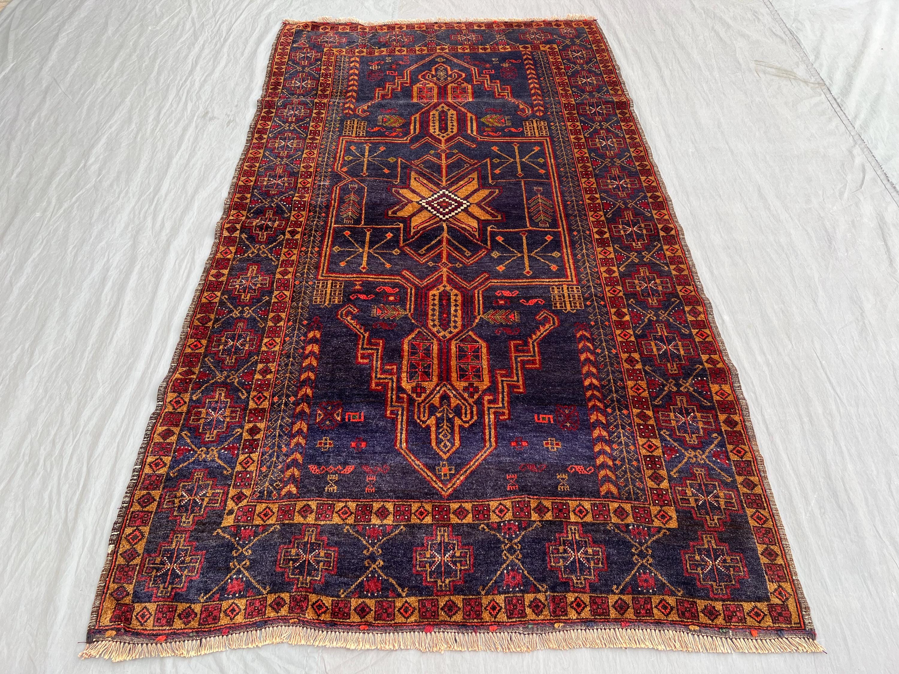 Vintage Afghan Baluchi Wool Rug, Rust Geometric Tribal Carpet (7.3