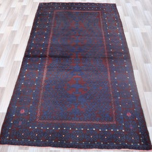 1940s Vintage Rug 6.7x3.10 Afghan Handmade Wool High Pile Navy blue , Oriental Baluchi Geometric Area Rug, Turkmen Tribal Living Room Carpet