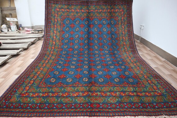 ヴィンテージブルーブハララグ、手織りアフガニスタンウールエリアラグ