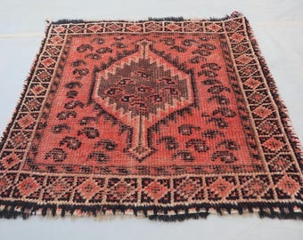 Tappeto antico afghano in lana, tappeto tribale turkmeno a pelo corto (55x58 cm), tappeto decorativo in stile boho.