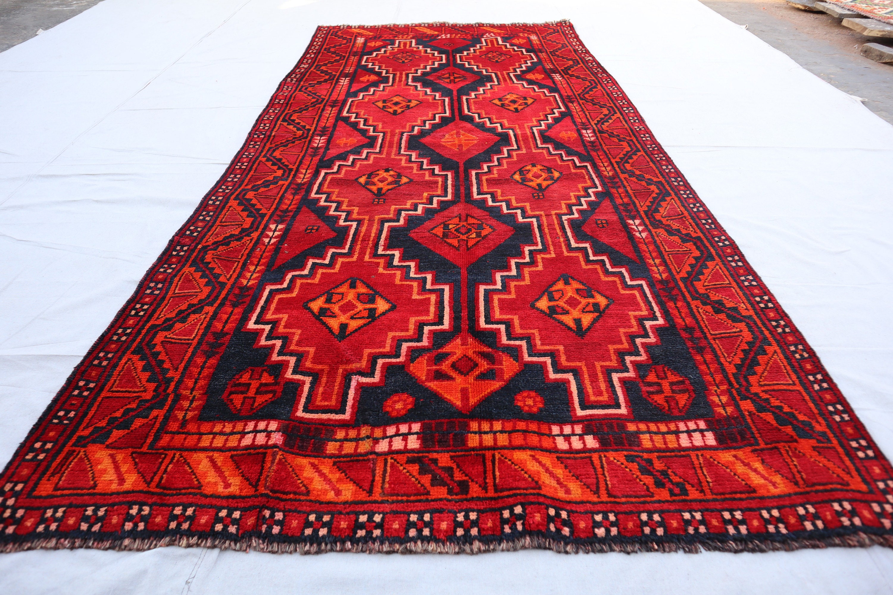 ヴィンテージ トルクメン ラグ、4.1 x 9.2 フィート、手織りウール