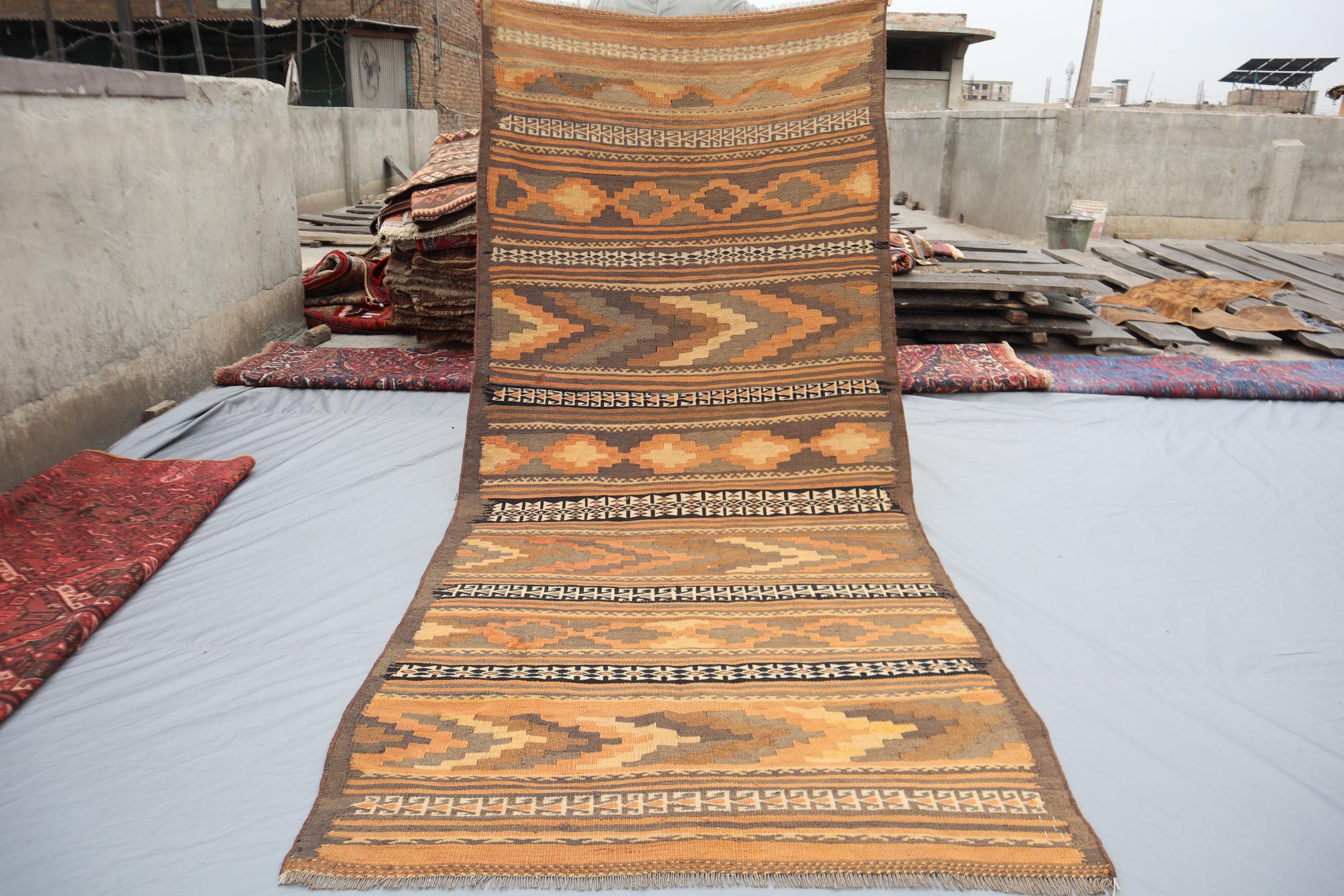 1930s Terracotta Kilim Runner  8.10x3.10 Afghan Antique Kilim Vintage Geometric Kilim Rug Hand Knotted Kilim Rug Oriental Kilim Hallway Rug