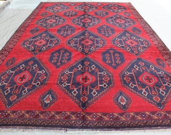 12'8 x 9'1 Large Vintage Afghan Tribal Rug, Hand-Knotted Red Wool Area Carpet, Traditional Geometric Oriental Rug, Living Room Decor