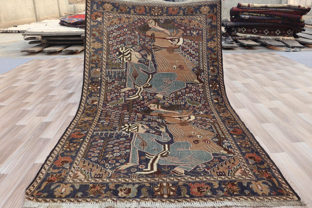 1910s Antique Pictorial Rug/ 6.5x3.10 Ft One of a Kind Art Rug/ Girls ...