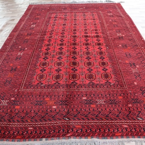 Vintage Bokhara Area Rug 9.7x6.5 Ft Afghan Handmade Geometric Bokhara Vintage Wool  Rug Turkmen Tribal Low Plie Rug Bedroom Rug Living Room