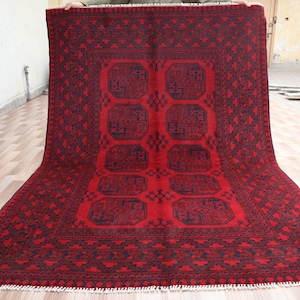 Afghan Bukhara rug 7.8x5.5 Ft  Turkmen Hand-Knotted rug, Afghan High Pile Vintage Carpet In Excellent Condition Tribal Rug, Afghan rug Room