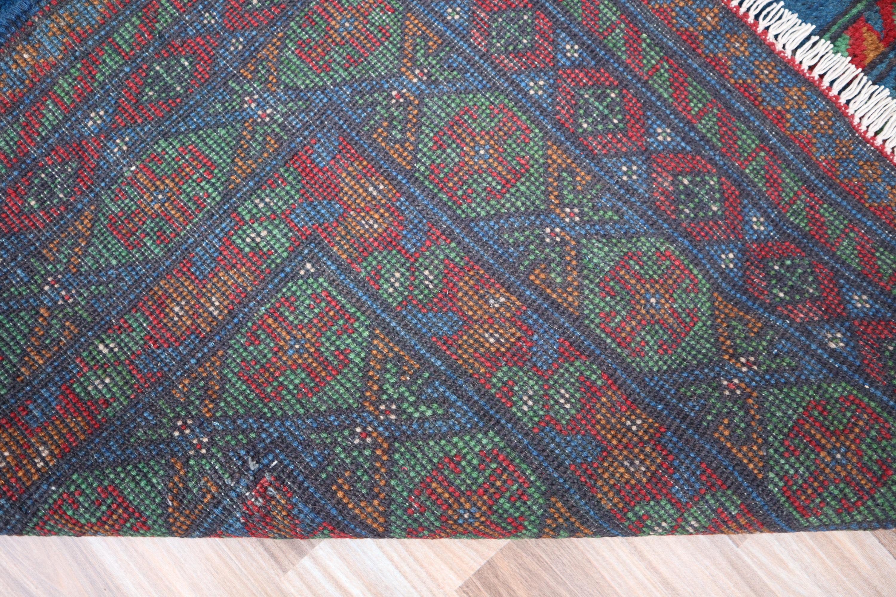 ヴィンテージブルーブハララグ、手織りアフガニスタンウールエリアラグ