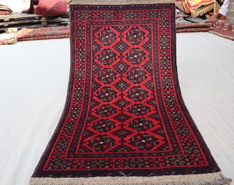 Red Turkmen Wool Rug, Bashiri Vintage Afghan, Handmade Mini 3.2x1.10