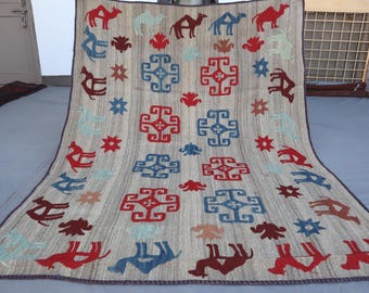 1940s Antique Pictorial Suzani 6.5x4.10 Suzani Kilim Rug- Vintage Handmade Bed Throw- Living Room Uzbek Handmade Bed Cover Istalif Rug Kilim