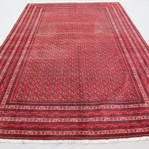 9.6x6.6 Ft Afghan Bukhara Rug 6x8, Oriental Turkmen Hand-Knotted Wool Rug, Mowri Gul Soft Pile Vintage Carpet, Afghan Tribal Rug Bedroom Rug