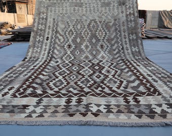 Oversized Afghan Flatweave Kilim, Muted Geometric Wool Carpet, Handwoven Rustic Farmhouse Area Rug 9.6x6.7 Ft