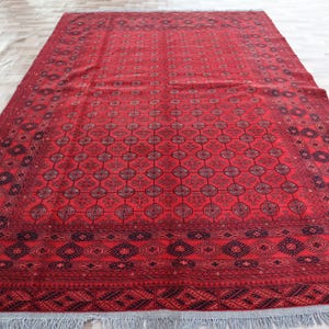 10x7 Red Vintage 1930s Bokhara Area Rug 9.5x6.6 Ft Afghan Handmade Geometric Good Quality Wool Rug Turkmen Tribal Low Plie Rug Bedroom Rug