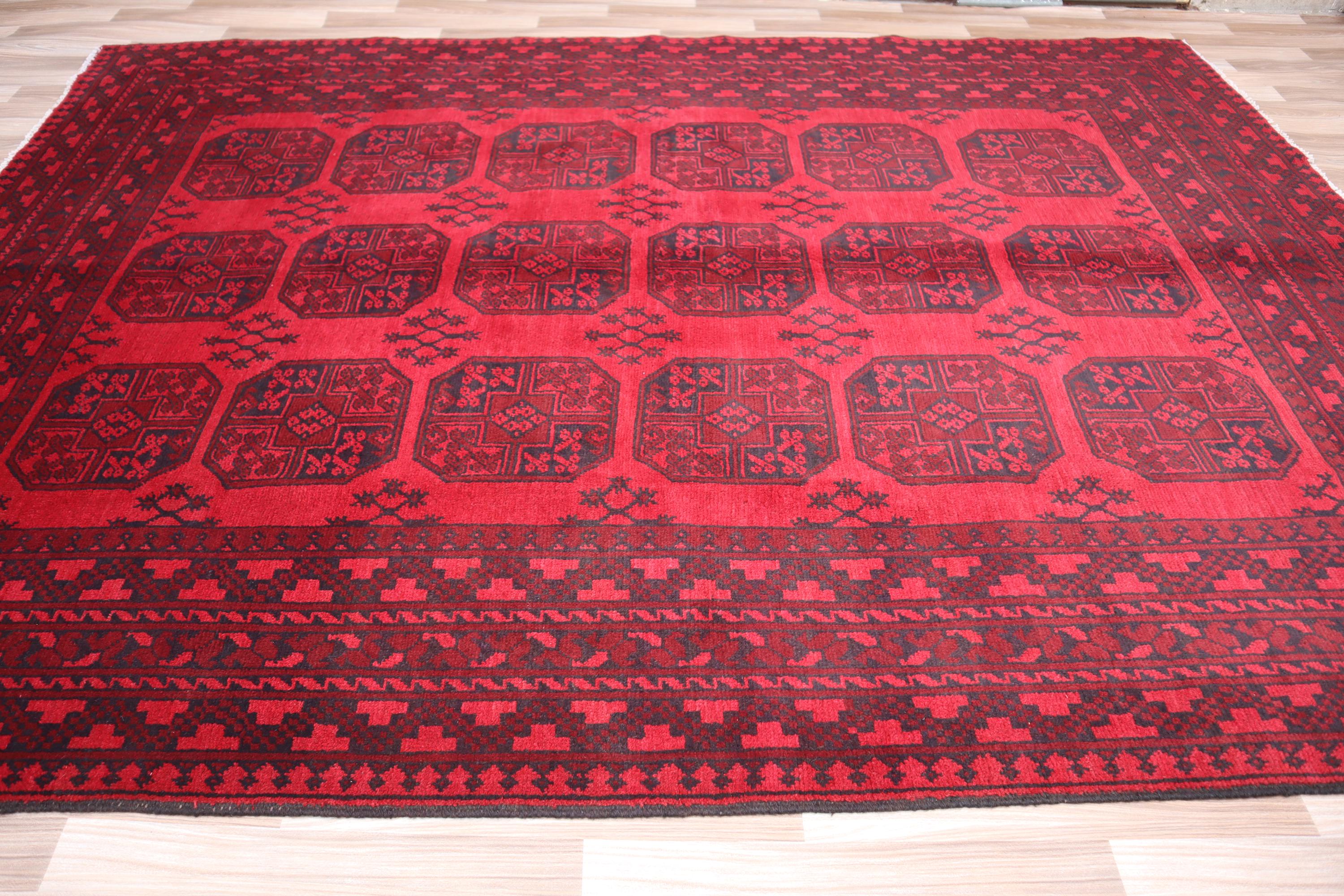 レッドボハララグ、9.4x6.7フィート、ハンドメイドアフガニスタン