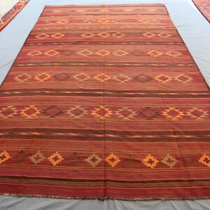 Afghan Vintage Rug/ Geometric Flatweave Kilim Rug/ 15.10x9.7 Ft Large Authentic Area Rug/ Handmade Wool Rug for Living Room/ Red Bedroom Rug