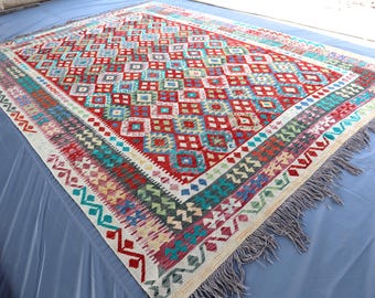 Handmade Afghan Kilim Rug, Geometric Flatweave Wool, Vintage Style, 13.5x9.8