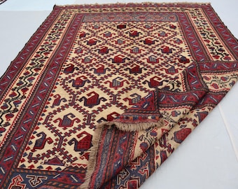 ハンドメイドのアフガニスタンウールラグ：9.11 x 13フィート、赤、青