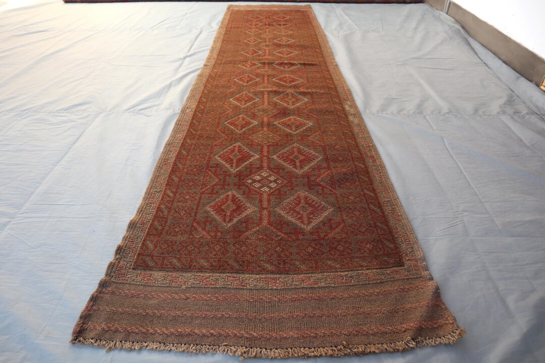 1930s Antique Terracotta Brown Vintage Rug, 12x3 Afghan Tribal Hand ...
