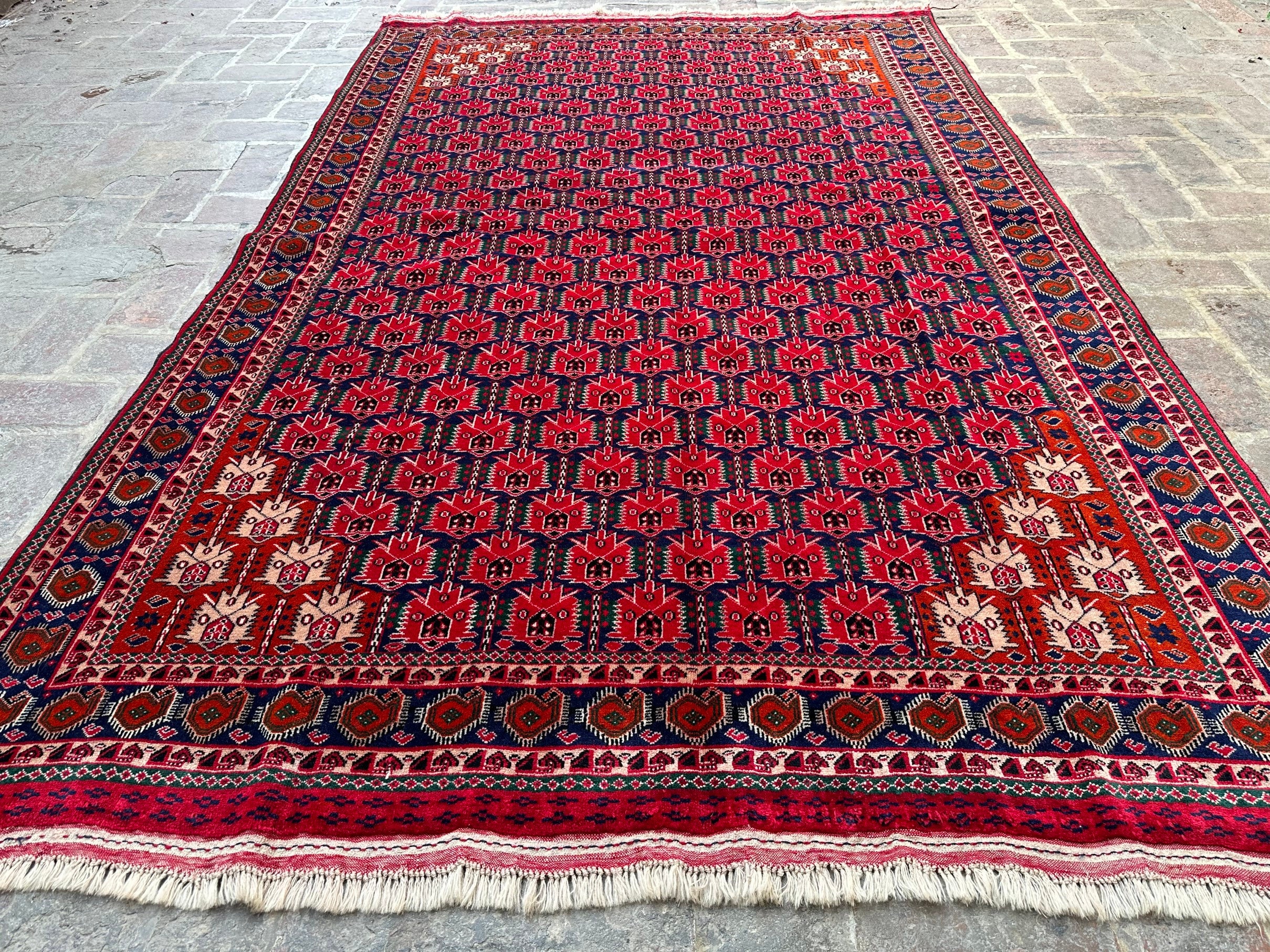 Large Afghan Bukhara Rug, Vintage Turkmen Wool Carpet (5.10x9.5ft
