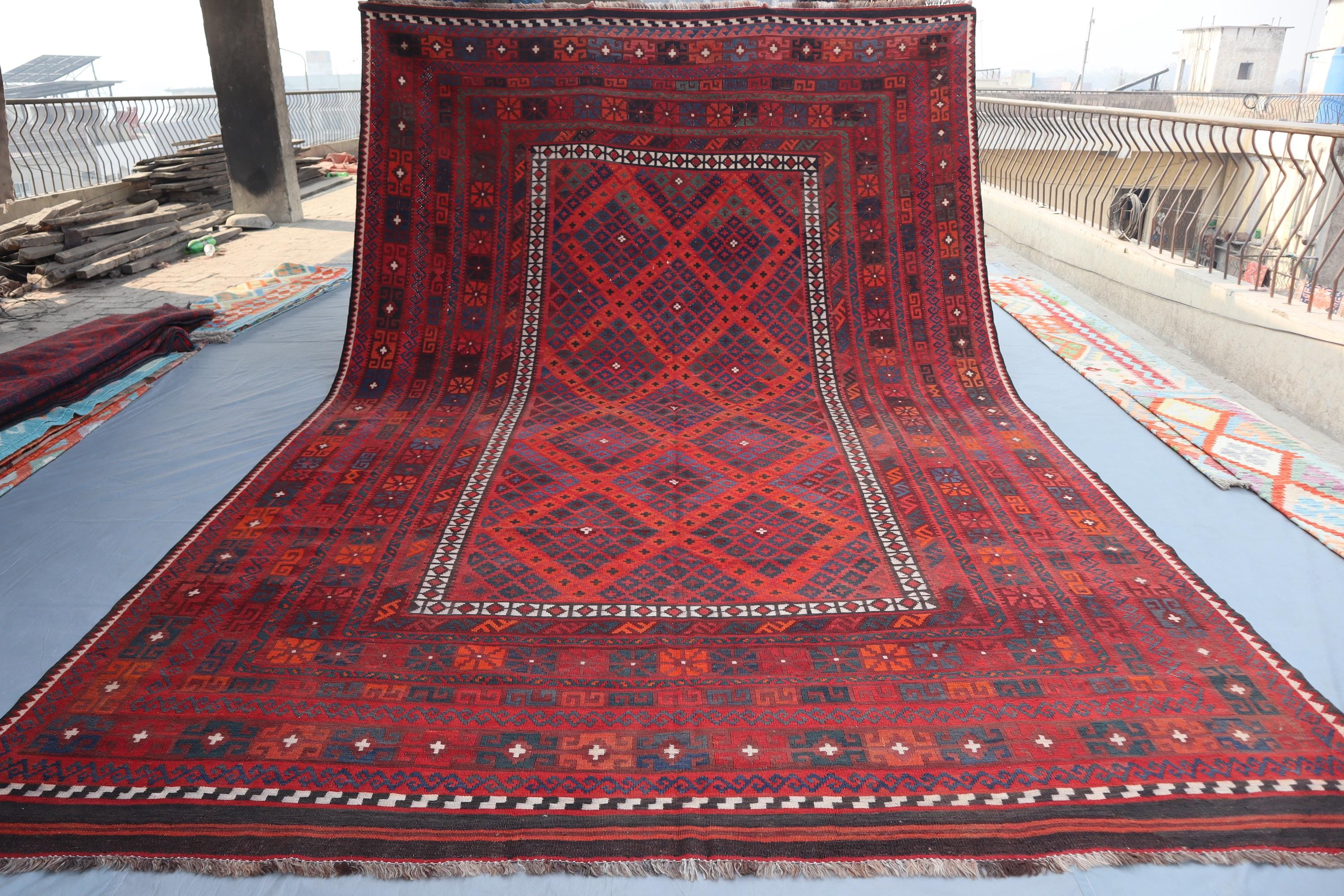 13x8.5フィートの大型アフガンキリムラグ、レッド、ヴィンテージ