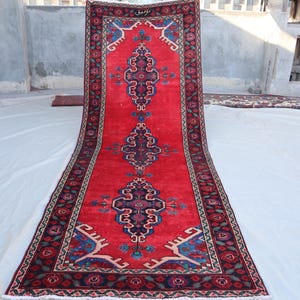 10 Ft Top Quality Persian-Style Red Runner Rug/ 10x3.7 Ft Afghan Tribal Handmade Wool Rug/ Orientale Caucasian Vintage Rug/ Hallway Deco Rug