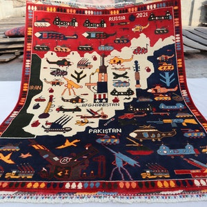 5x8 Collectors Piece Pictorial Modern Rug, Afghan Handmade Map Rug, Top Quality Turkmen Rug, one of a Kind Oriental Large Wall Hanging Rug