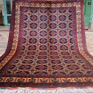 Geometric Bokhara Rug 6.6x4.10 Ft Afghan Hand Knotted Natural dyes Wool high plie Area  Rug, Oriental Rug, rug for living room, Bedroom Rug