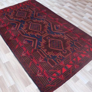 1960s Vintage Rug 7x4 Ft Afghan Handmade Wool High Pile Blue Brown, Oriental Baluchi Geometric Area Rug, Turkmen Tribal Living Room Carpet