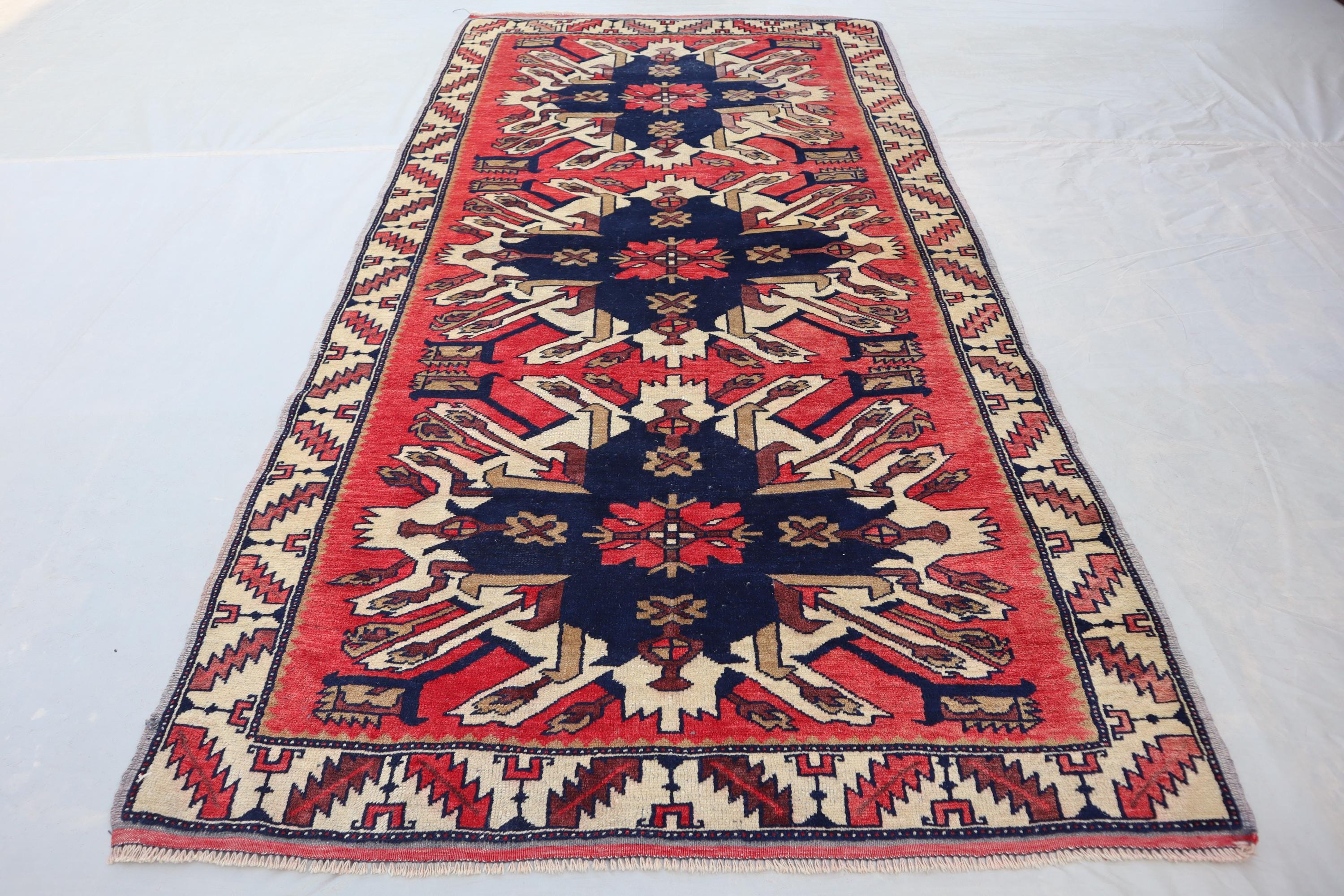 Vintage Kapkaz Rug, 1940s Wool Caucasian Rug, Tribal Karabagh