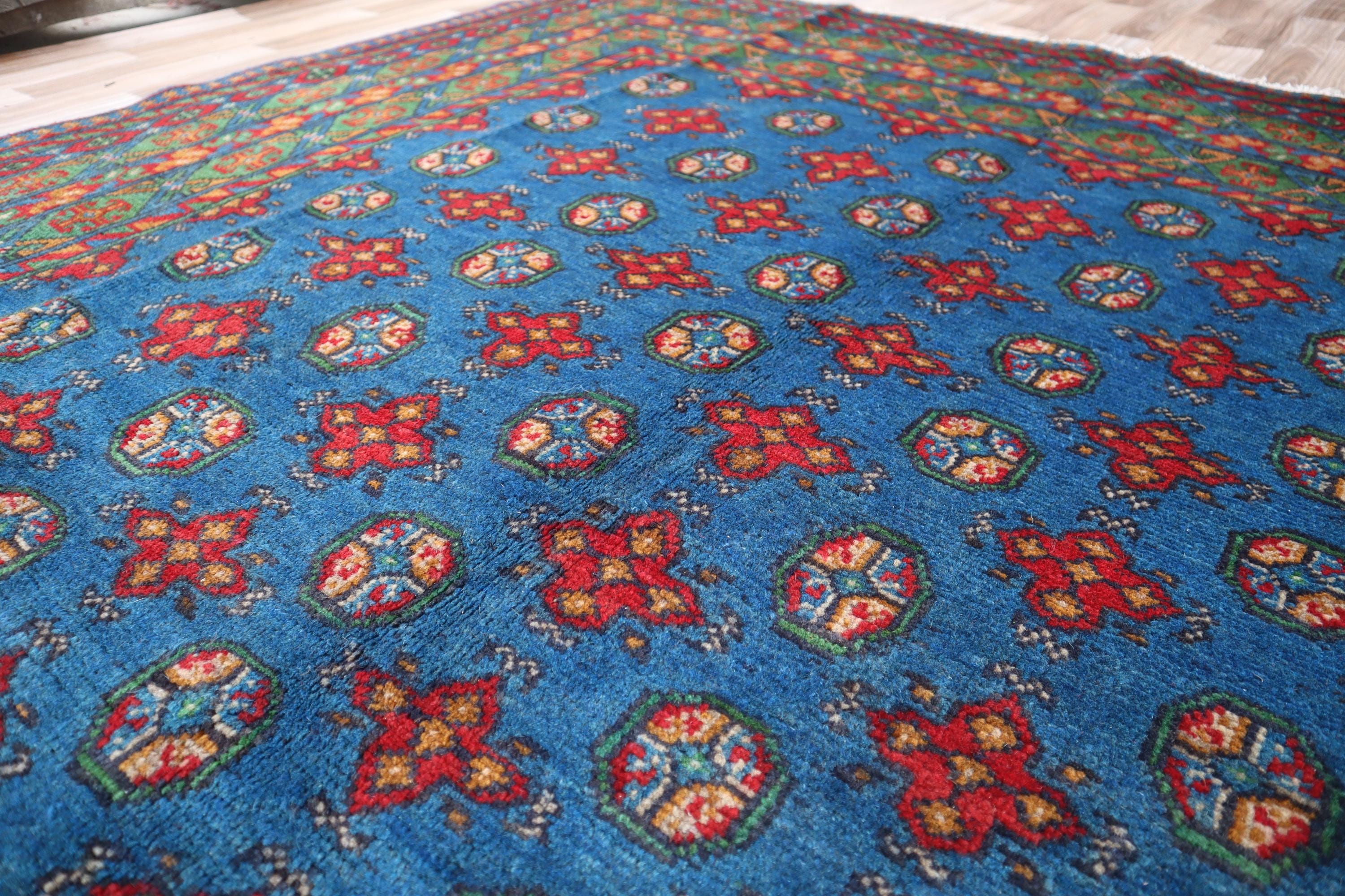 ヴィンテージブルーブハララグ、手織りアフガニスタンウールエリアラグ