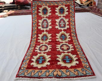 Red Oushak Turkmen Rug, Small Wool Entry Rug, Afghan Handmade 3.2x1.9