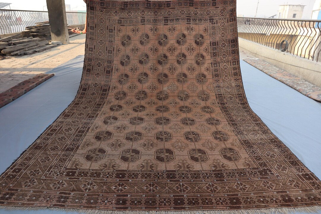1940s Terracotta Antique Afghan Mowri Rug | 10.2x6.9 Ft Turkmen Vintage ...
