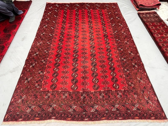 ✦Vintage Afghan Rug✦　190cm×98cm　ペルシャ絨毯 1970s Large Red Afghan Bukhara Rug, Handmade Wool, 9.8x6.7 Ft - Etsy