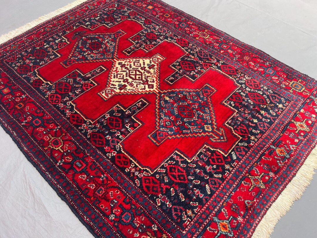1960s Red Afghan Wool Rug, Handmade Diamond Design Area Carpet, Tribal ...