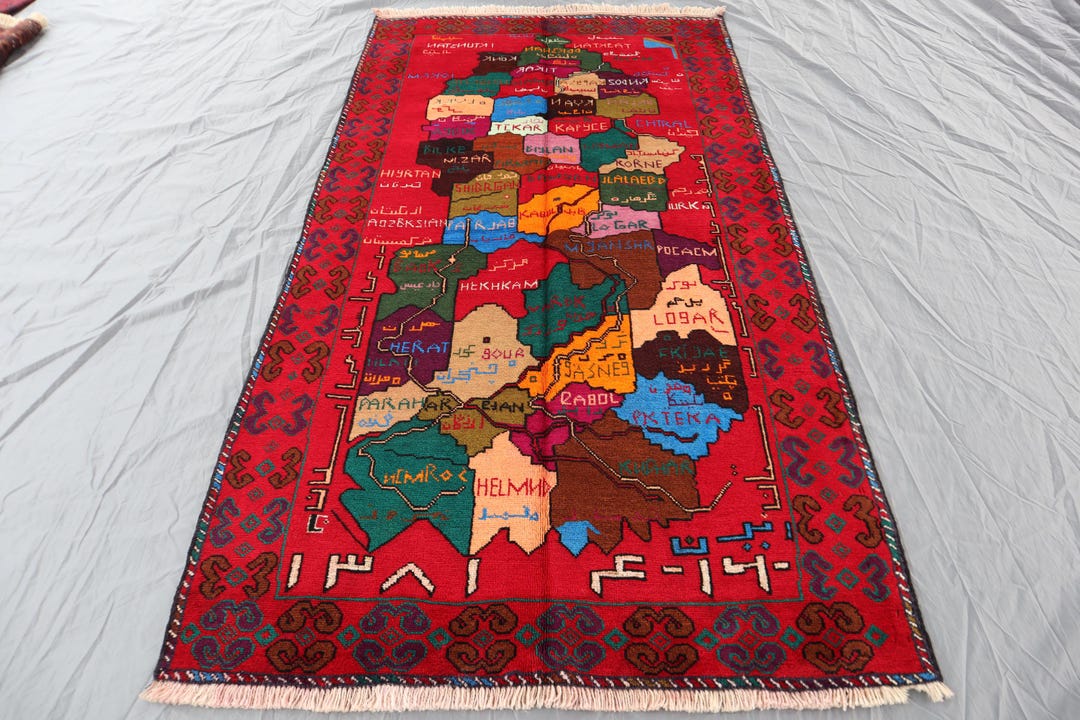 Map of Afghanistan Hand-made Art Pictorial Rug, Oriental Vintage Rug, 3 ...