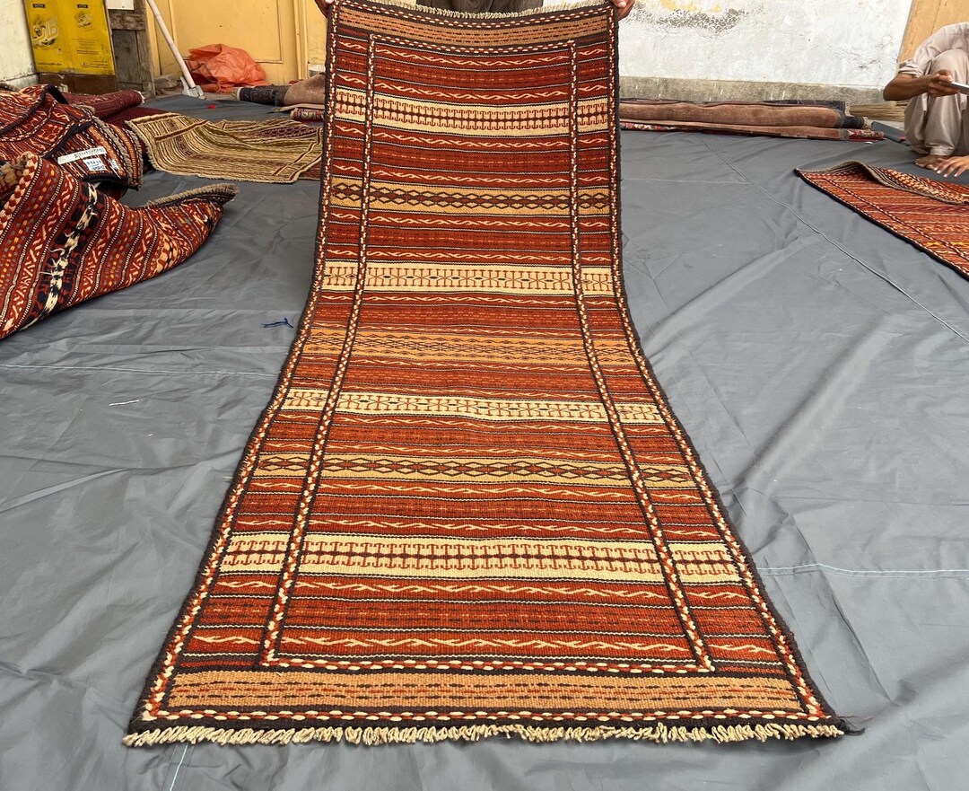 Afghan Hodrang Kilim ※専用ページ 6'7x2'5 Ft Afghan Kilim Runner , Hand-knotted Striped Design