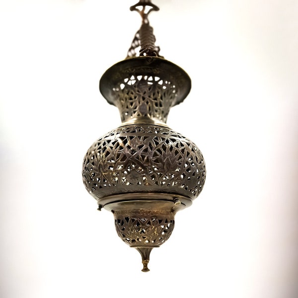 Pierced Brass Moroccan Chandelier Hand Aged Ambient Lantern Relic Reclaimed Refitted Refinished Vintage Moorish Teardrop Artifact Pendant