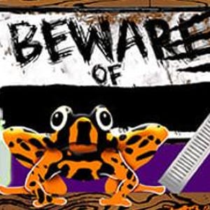 May include: A graphic illustration featuring a sign that reads BEWARE OF, an orange and black frog, a silver utility blade, and a glass jar filled with colorful patterned slugs with a yellow label that reads SLUGS, all set against a wood grain border.