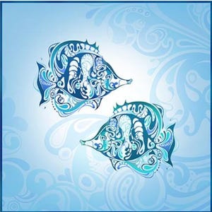 May include: Two stylized fish illustrations in shades of blue and teal, with intricate patterns and details. The fish are set against a light blue background with water-like swirls, creating a decorative aquatic theme.