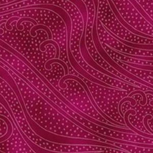 May include: A close-up of a fabric with a magenta background. The fabric features a repeating pattern of white, stylized waves and small white dots. The waves have a swirling, curved design.