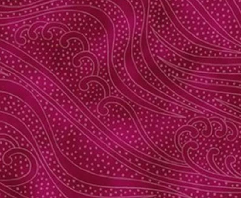 May include: A close-up of a fabric with a magenta background. The fabric features a repeating pattern of white, stylized waves and small white dots. The waves have a swirling, curved design.