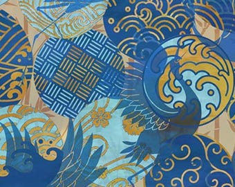 May include: An abstract pattern featuring overlapping circles in shades of blue, gold, and light teal. The circles display various designs, including wave patterns, geometric lines, and floral motifs, set against a tan background. This design is suitable for fabric or wallpaper.